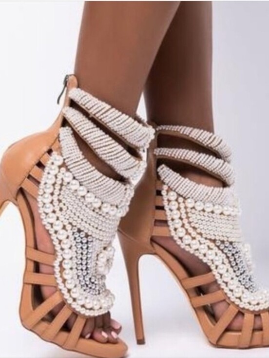 Azalea Wang Shoes - Azalea Wang Pearl-Embellished Tan High Heels